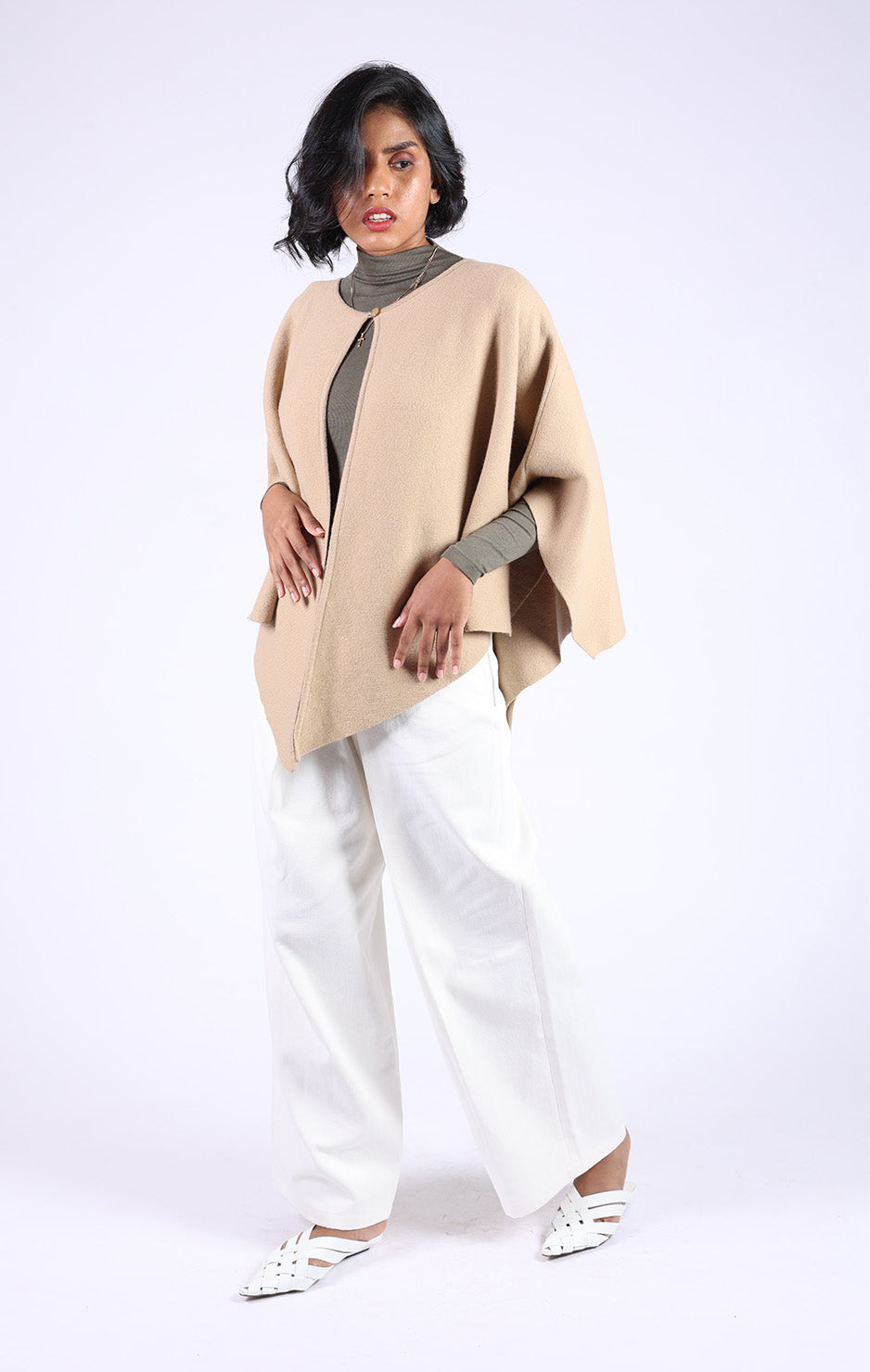 Beige Cardigan Style Poncho