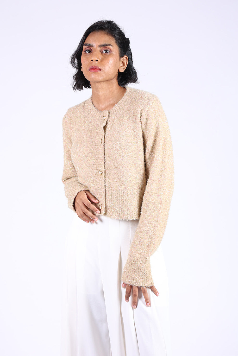 Beige Cotton Woolen Heart Button Sweater