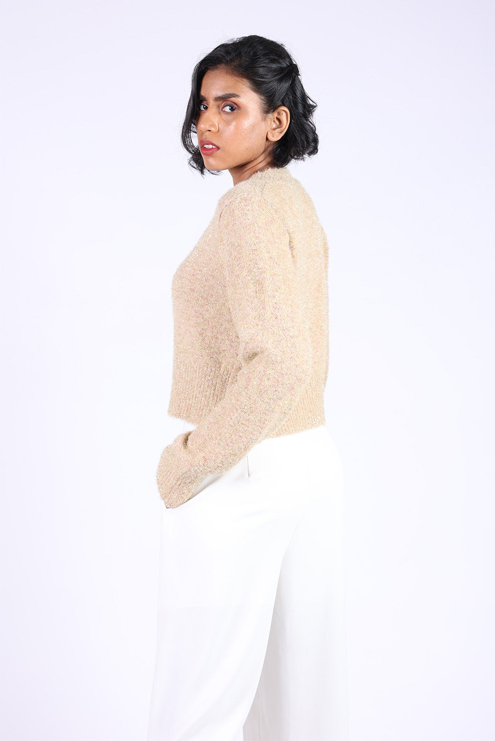 Beige Cotton Woolen Heart Button Sweater
