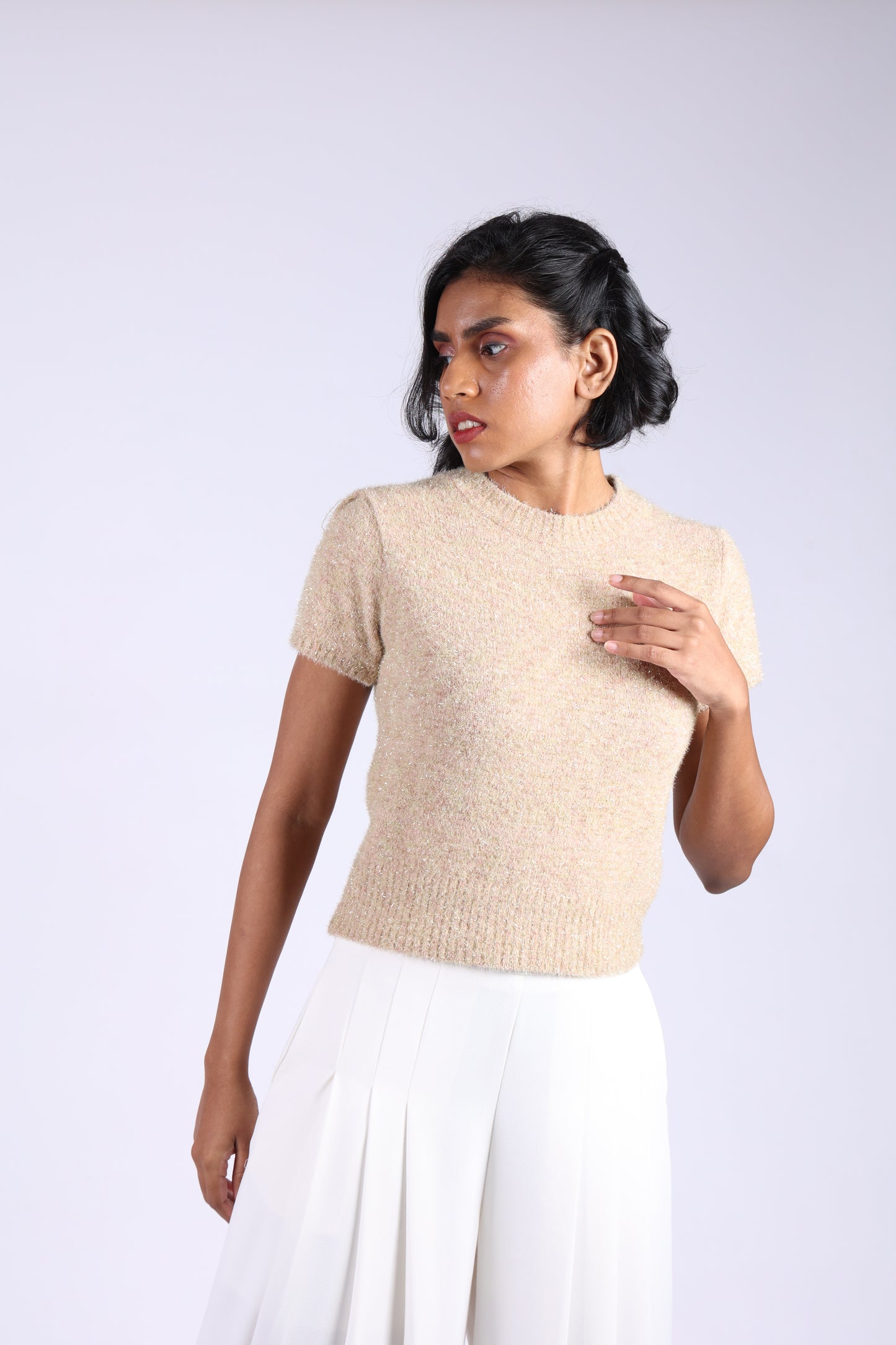 Biege Cotton Wool Short Sleeves Top