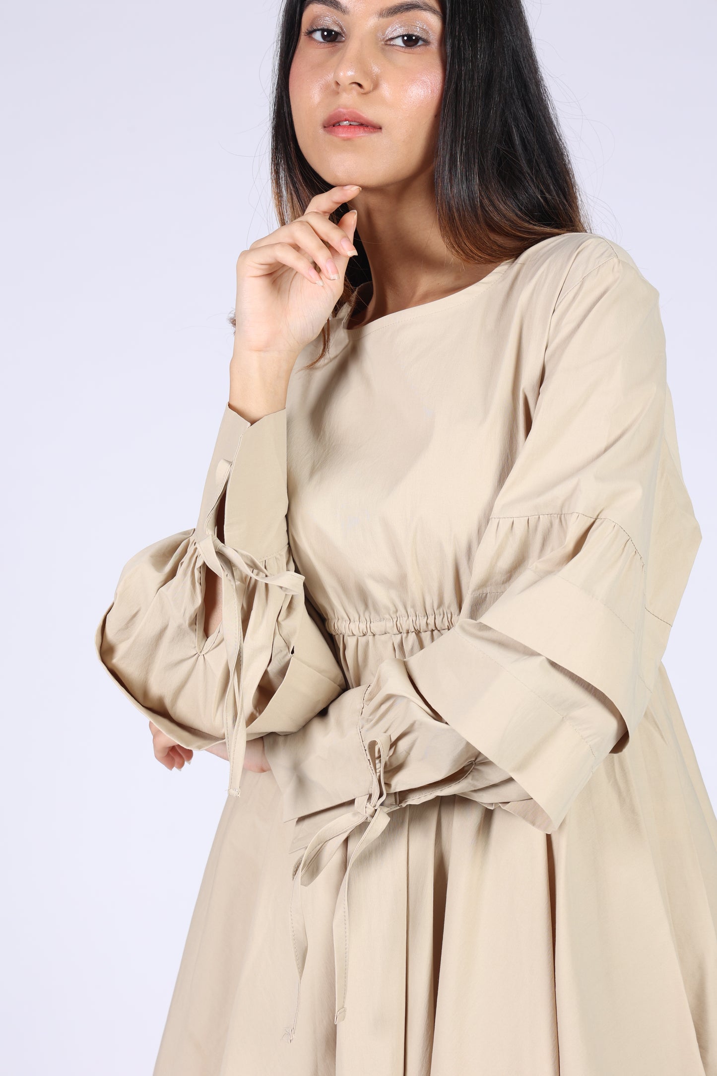 Beige Cotton Short Dress