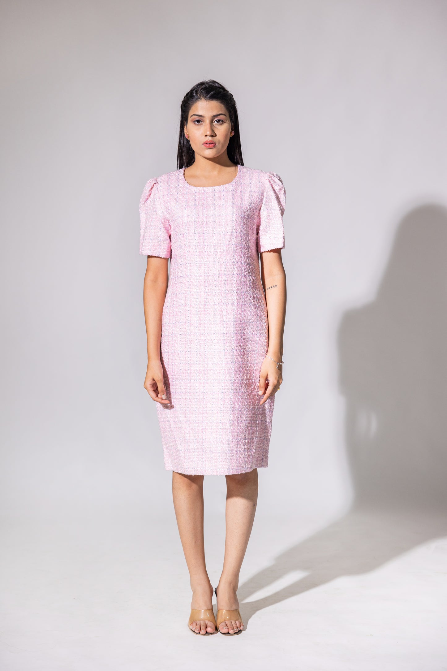 Pink Tweed Half Sleeves Dress