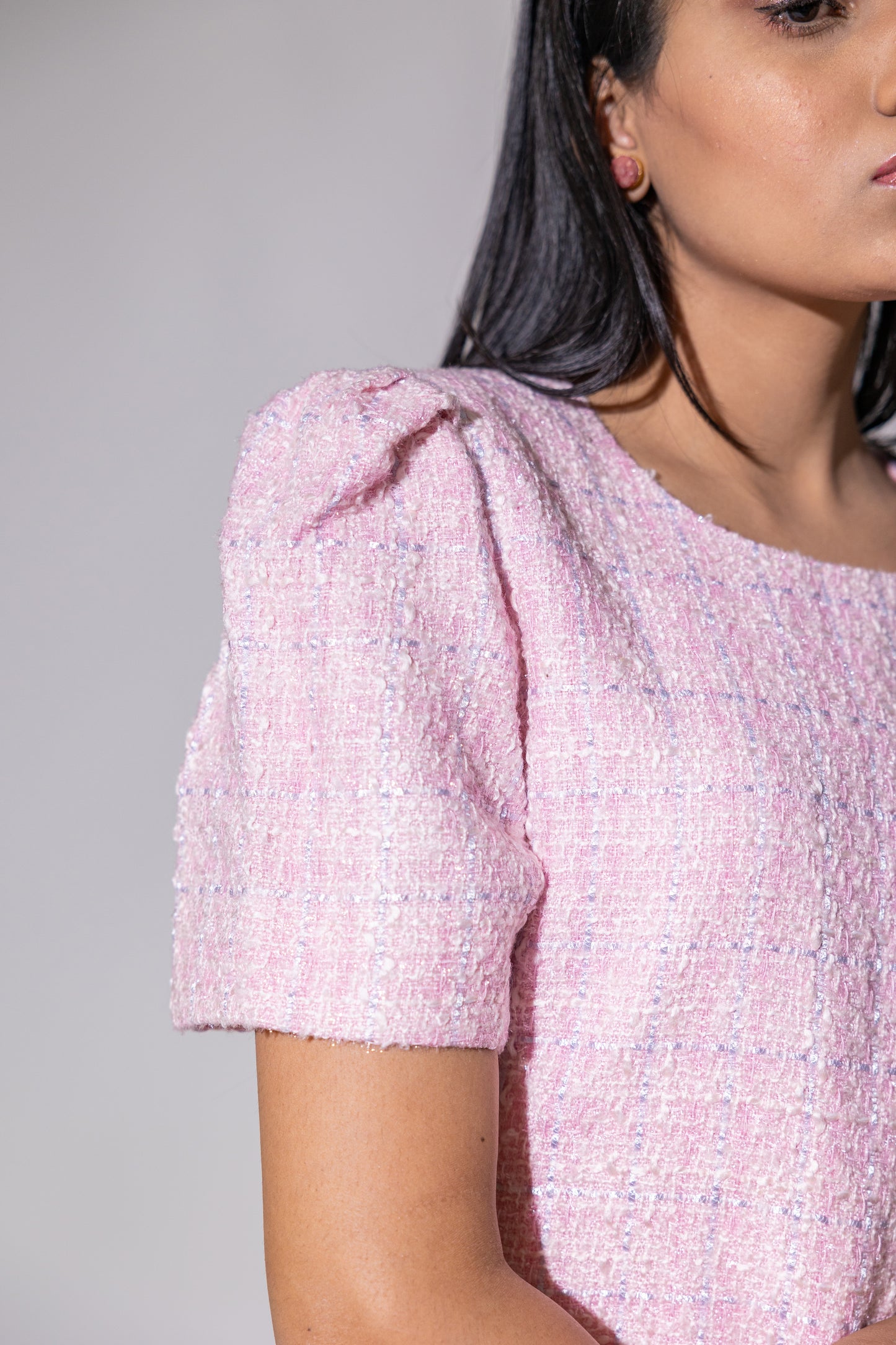 Pink Tweed Half Sleeves Dress