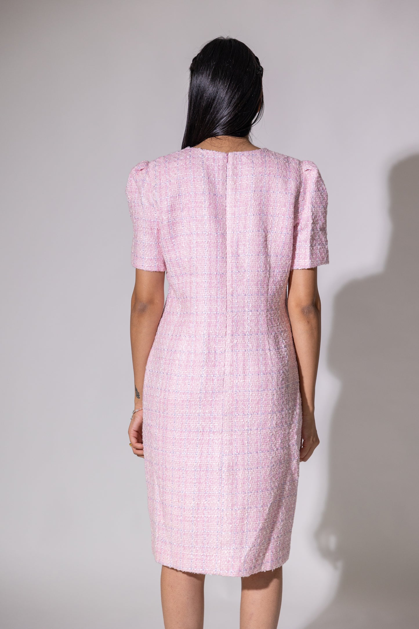Pink Tweed Half Sleeves Dress