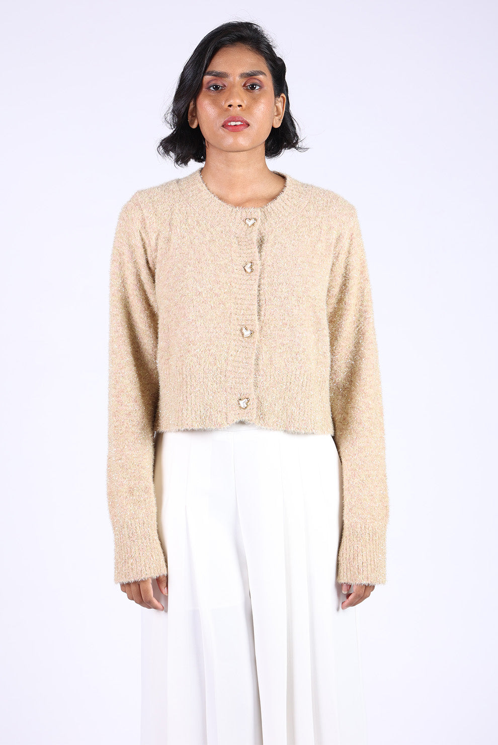Beige Cotton Woolen Heart Button Sweater