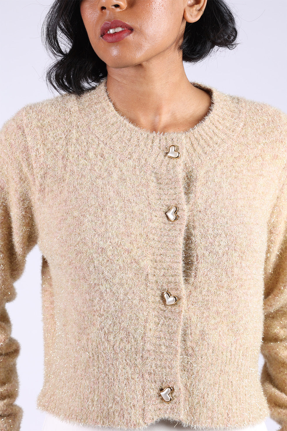 Beige Cotton Woolen Heart Button Sweater