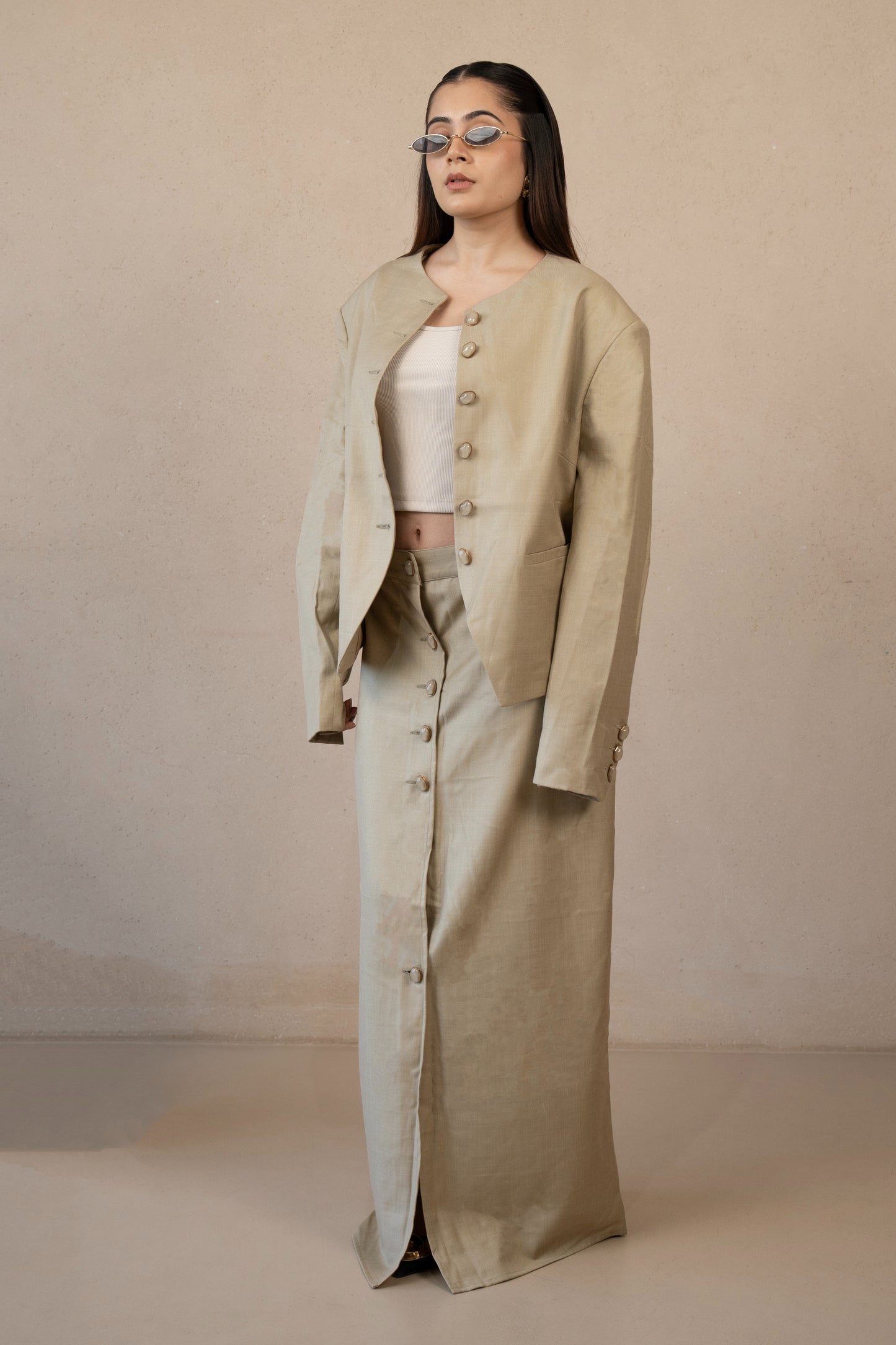 SANS Asymmetric Buttoned Jacket & Skirt Set -Desert Sage