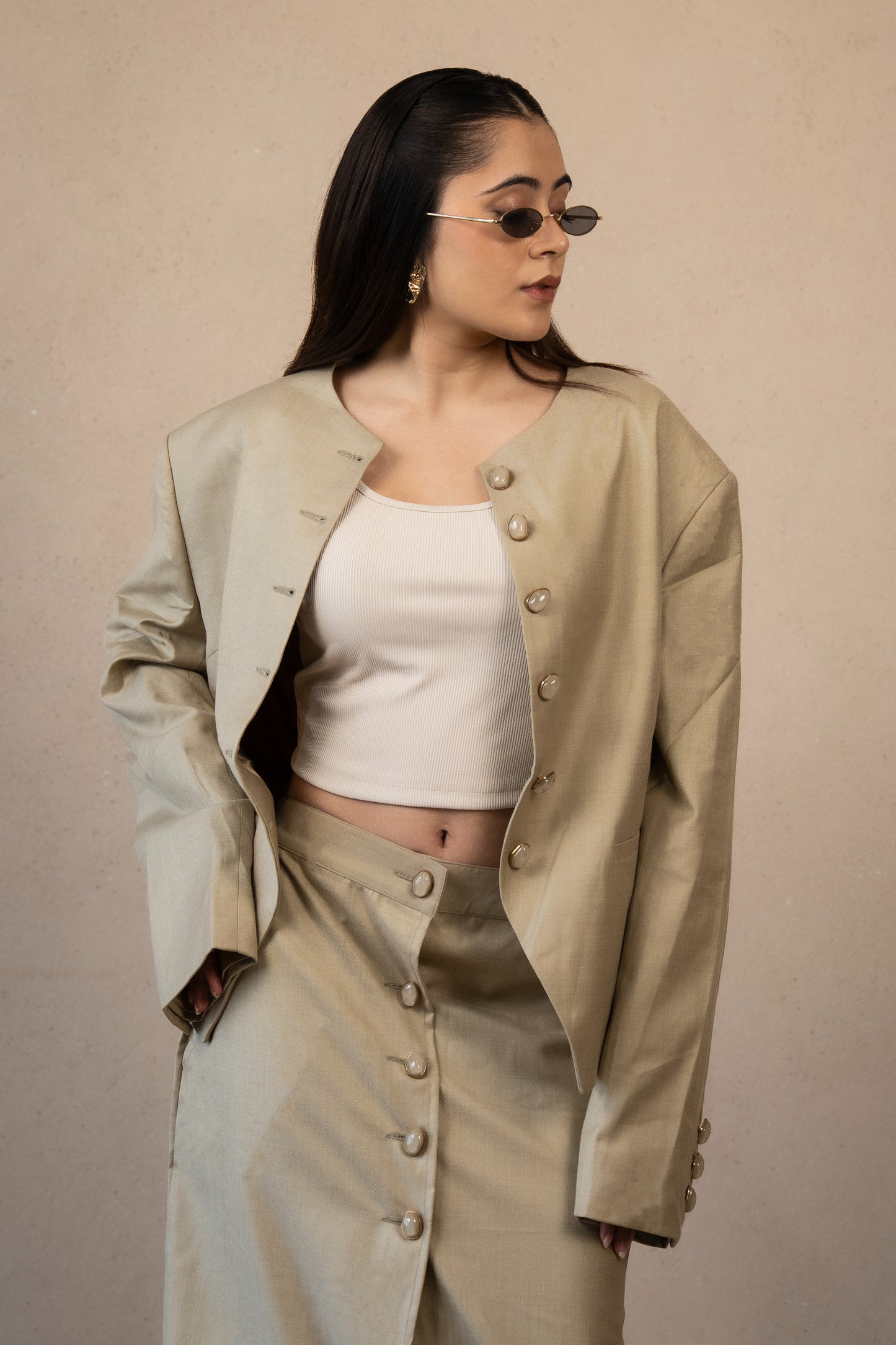 SANS Asymmetric Buttoned Jacket & Skirt Set -Desert Sage