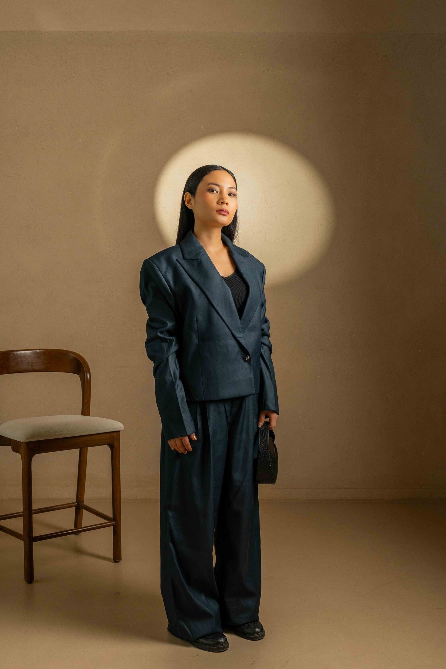 Sans Classic Navy Blue Cropped Blazer with Gold Detailing