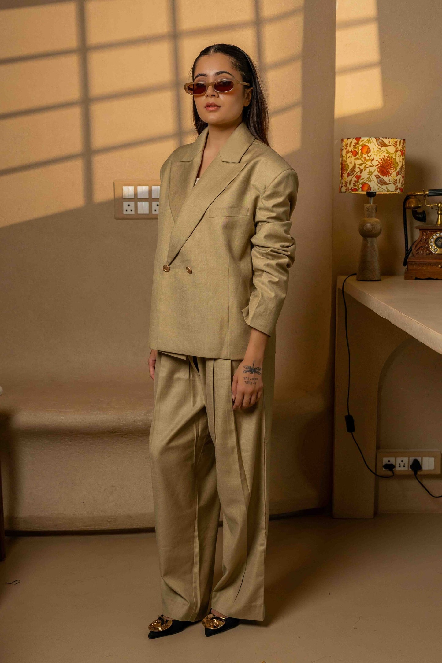Sans Double-Breasted Muted Gold Beige Power Suit – Blazer & Trousers Set
