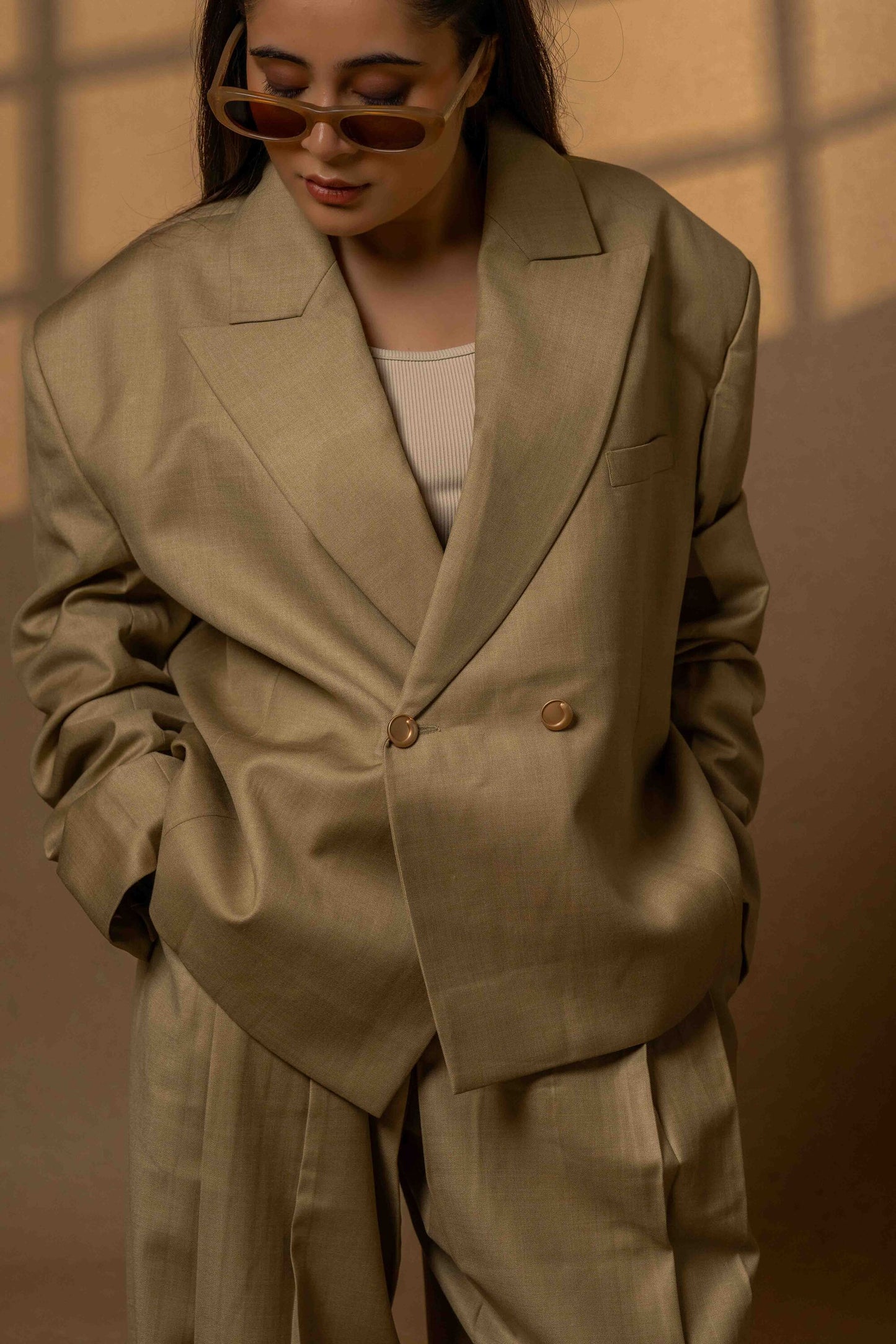 Sans Double-Breasted Muted Gold Beige Power Suit – Blazer & Trousers Set