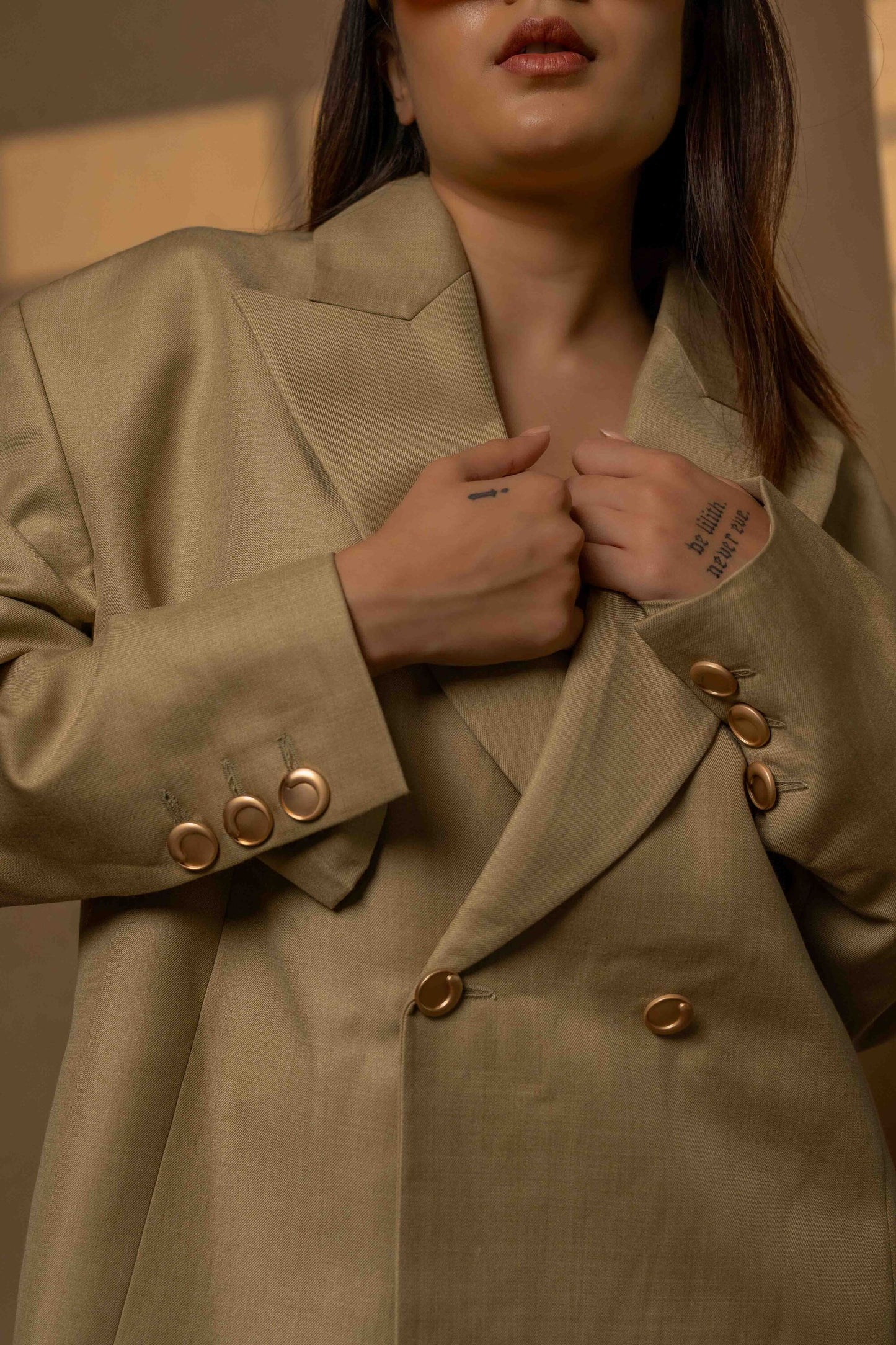 Sans Double-Breasted Muted Gold Beige Power Suit – Blazer & Trousers Set