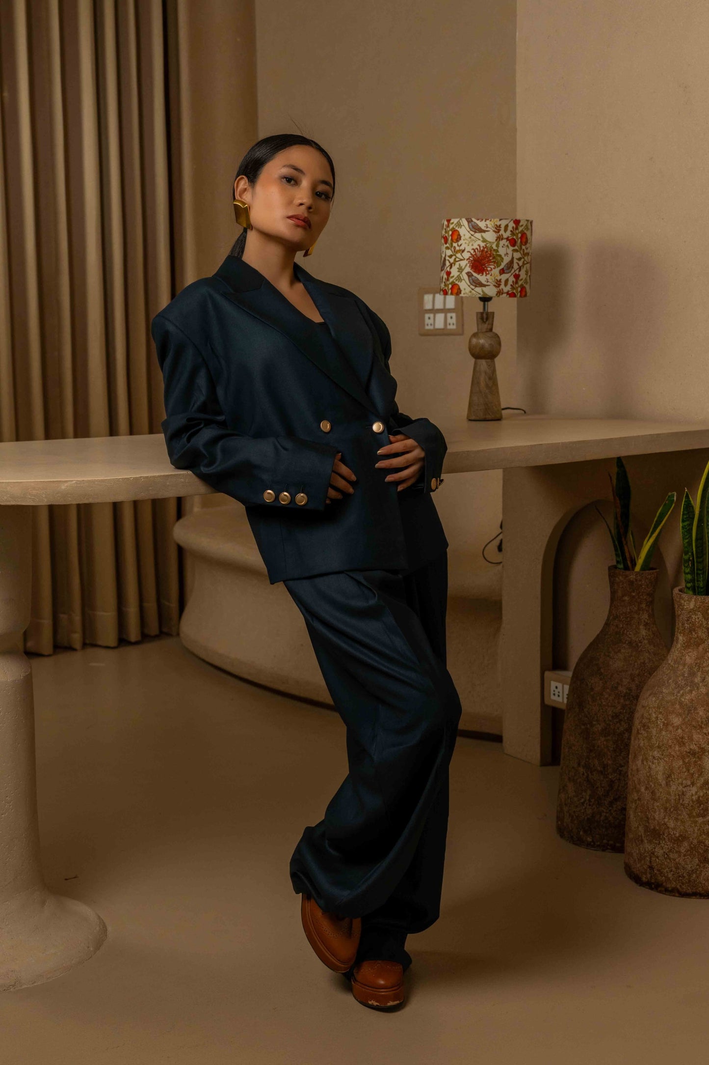 SANS Double-Breasted Structured Suit Set -Noir with Gold Detailing