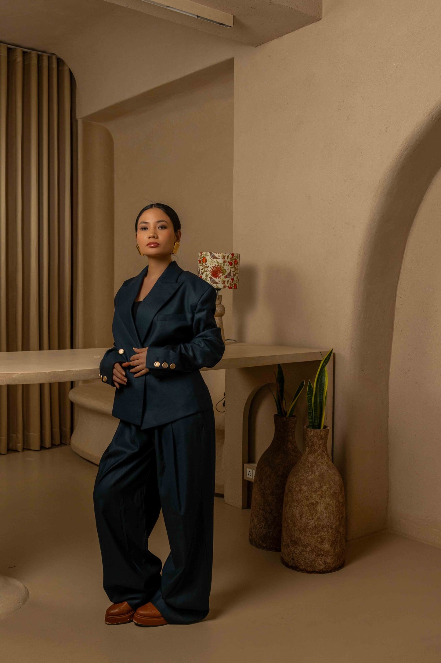 SANS Double-Breasted Structured Suit Set -Noir with Gold Detailing