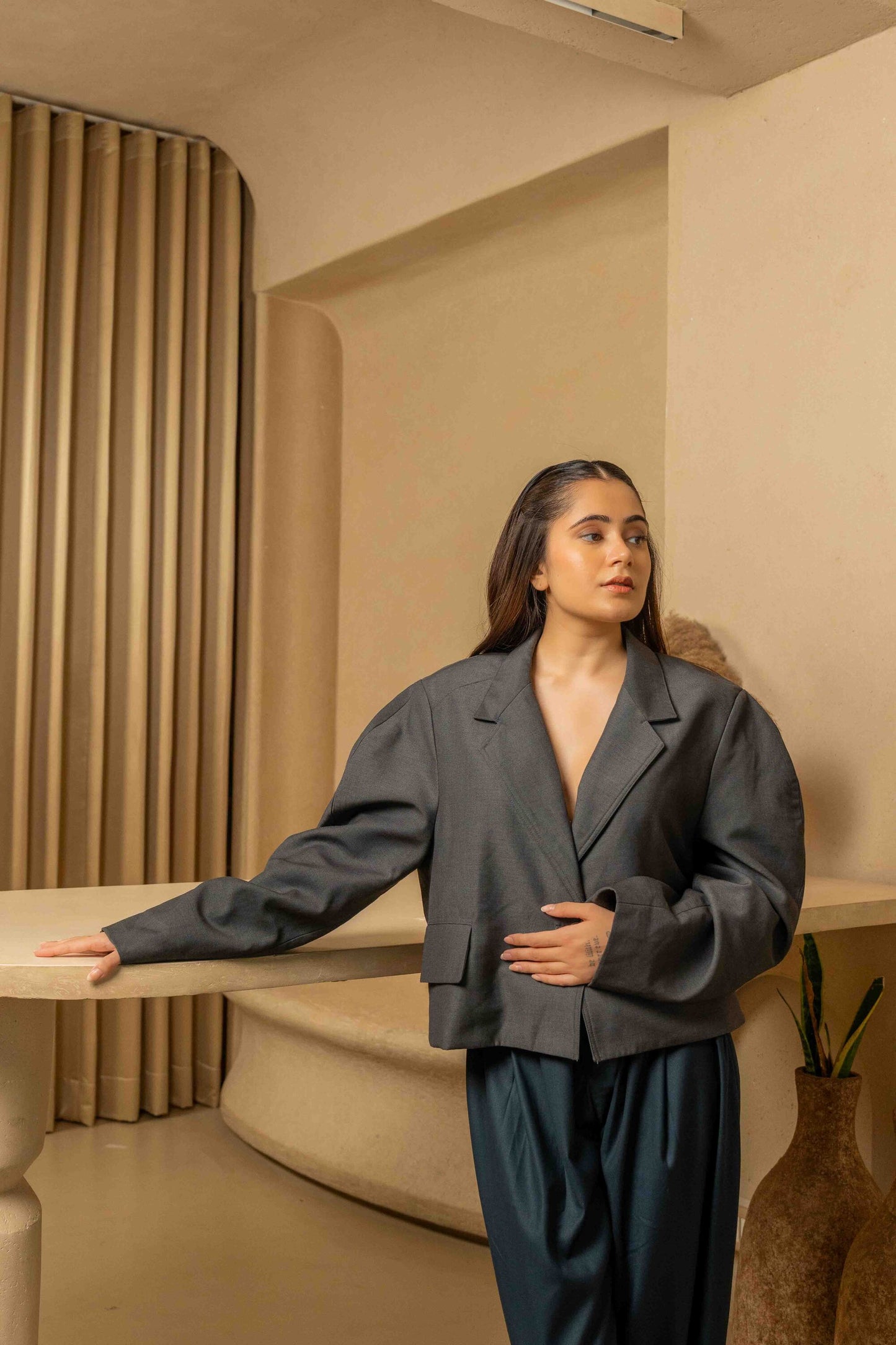 Cropped Oversized Blazer -Grey