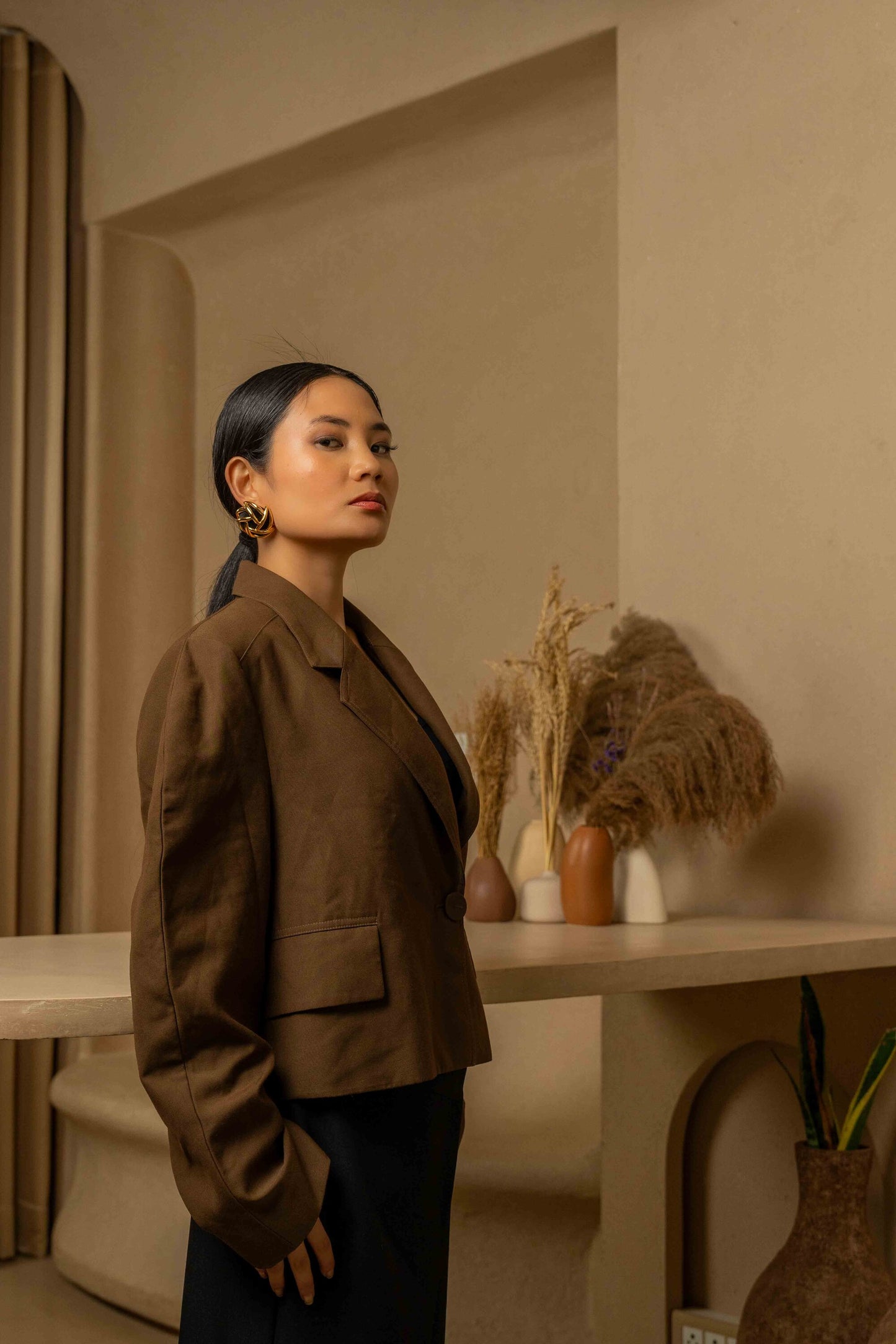 Cropped Oversized Blazer -Mocha Brown