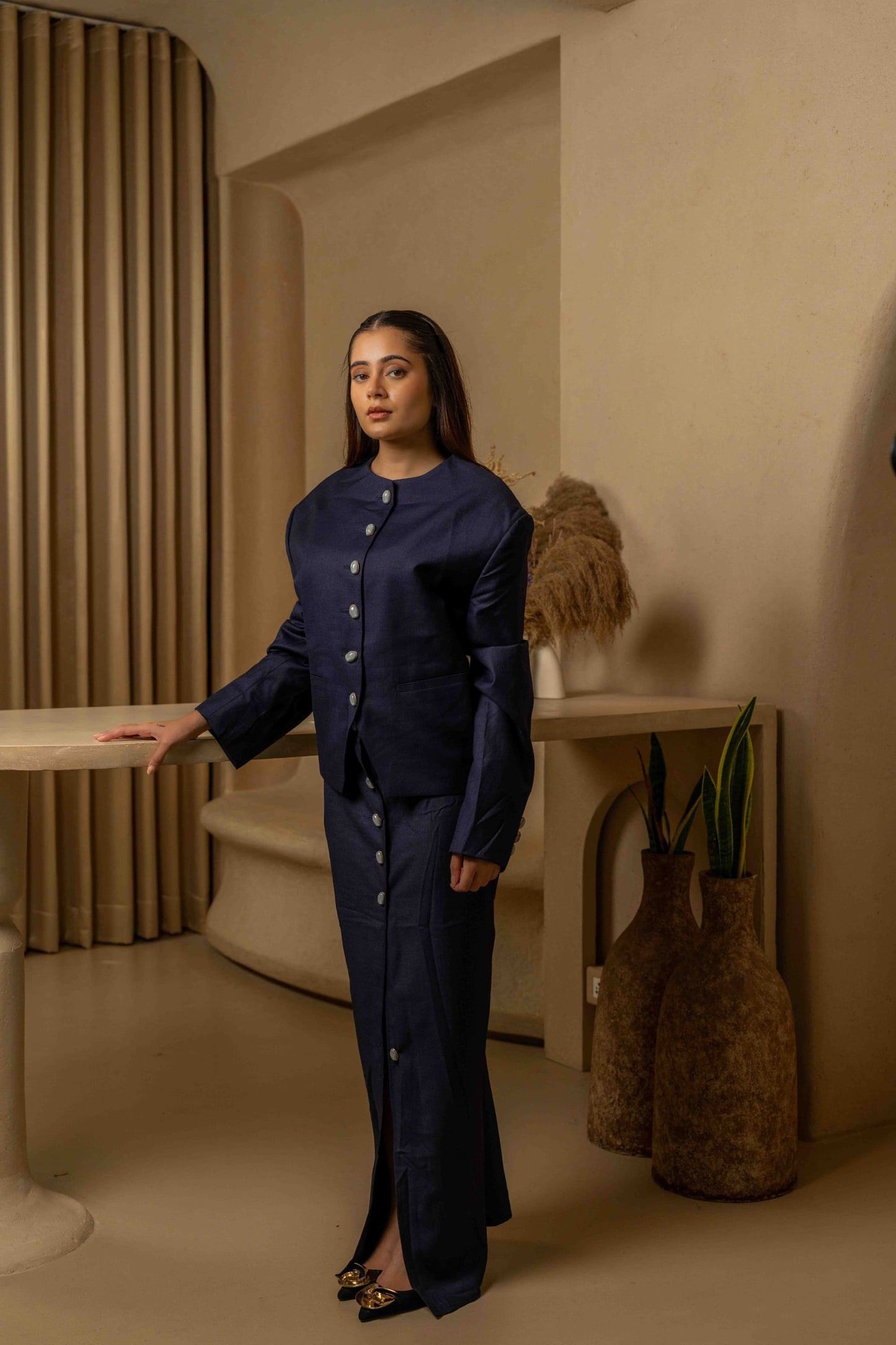 SANS Midnight Elegance Navy Blue Blazer & Skirt Co-ord