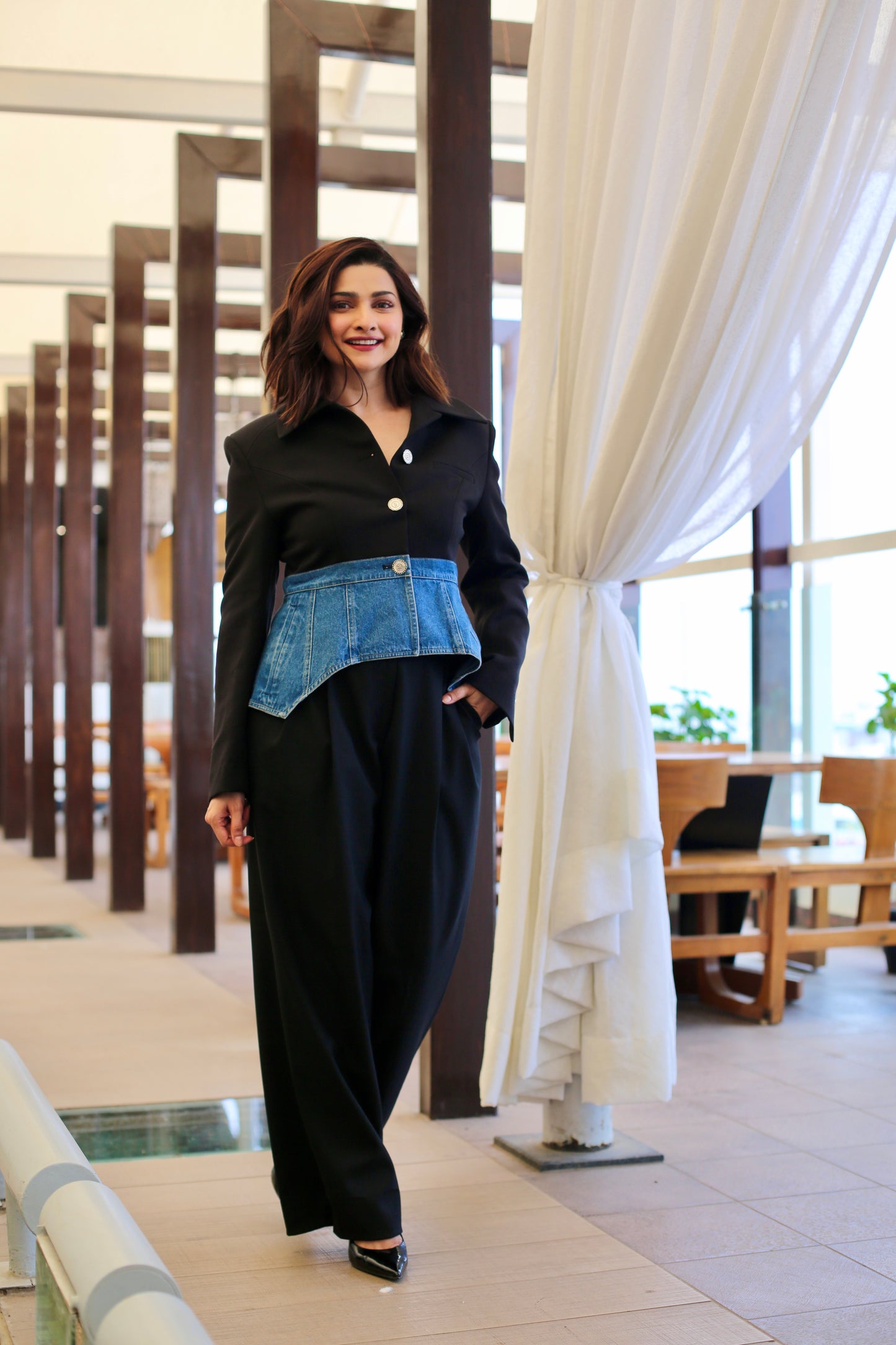 Trending Denim Crop Top with Collar and Matching Pants