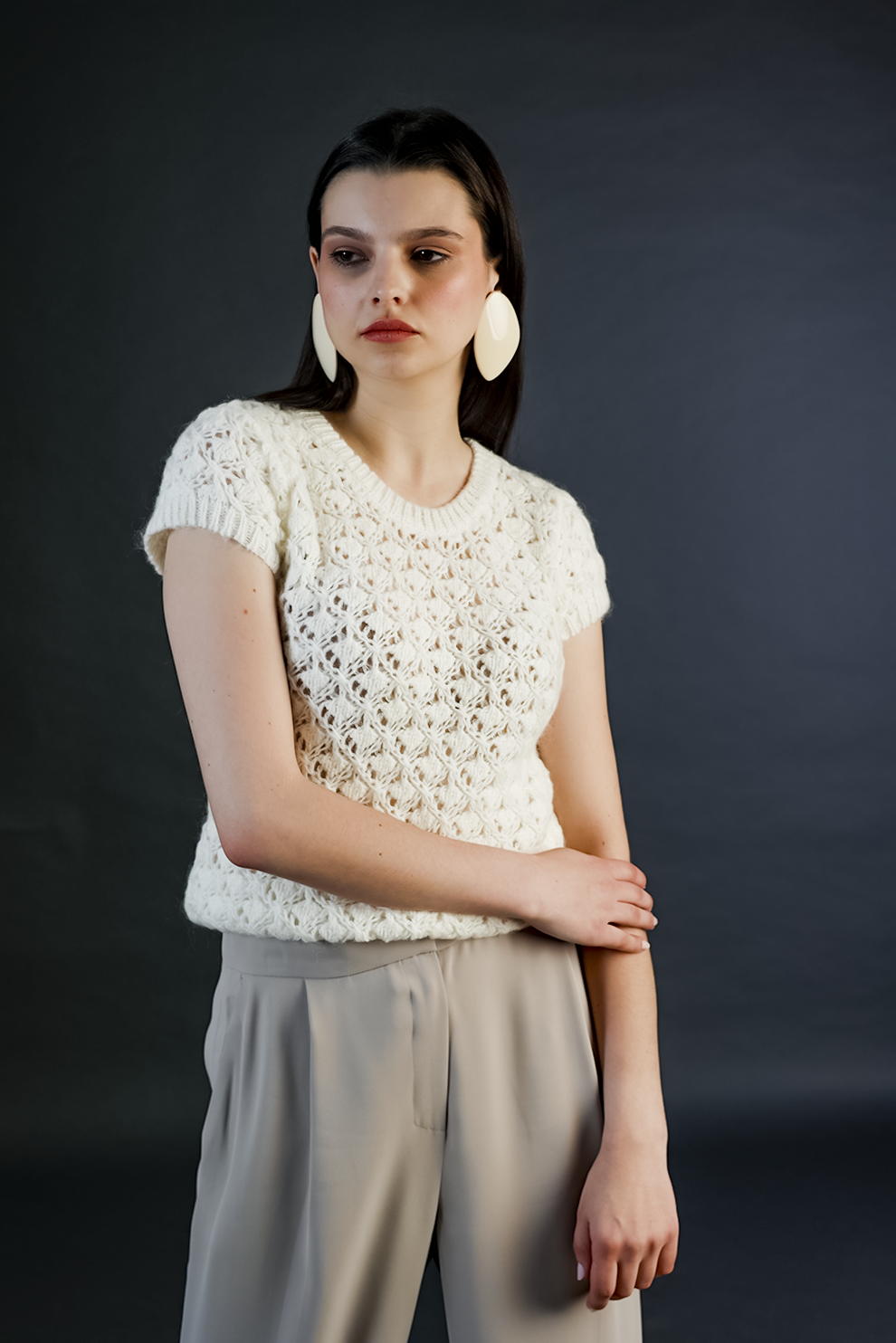 Off-White Cotton Wool Short Sleeves Top