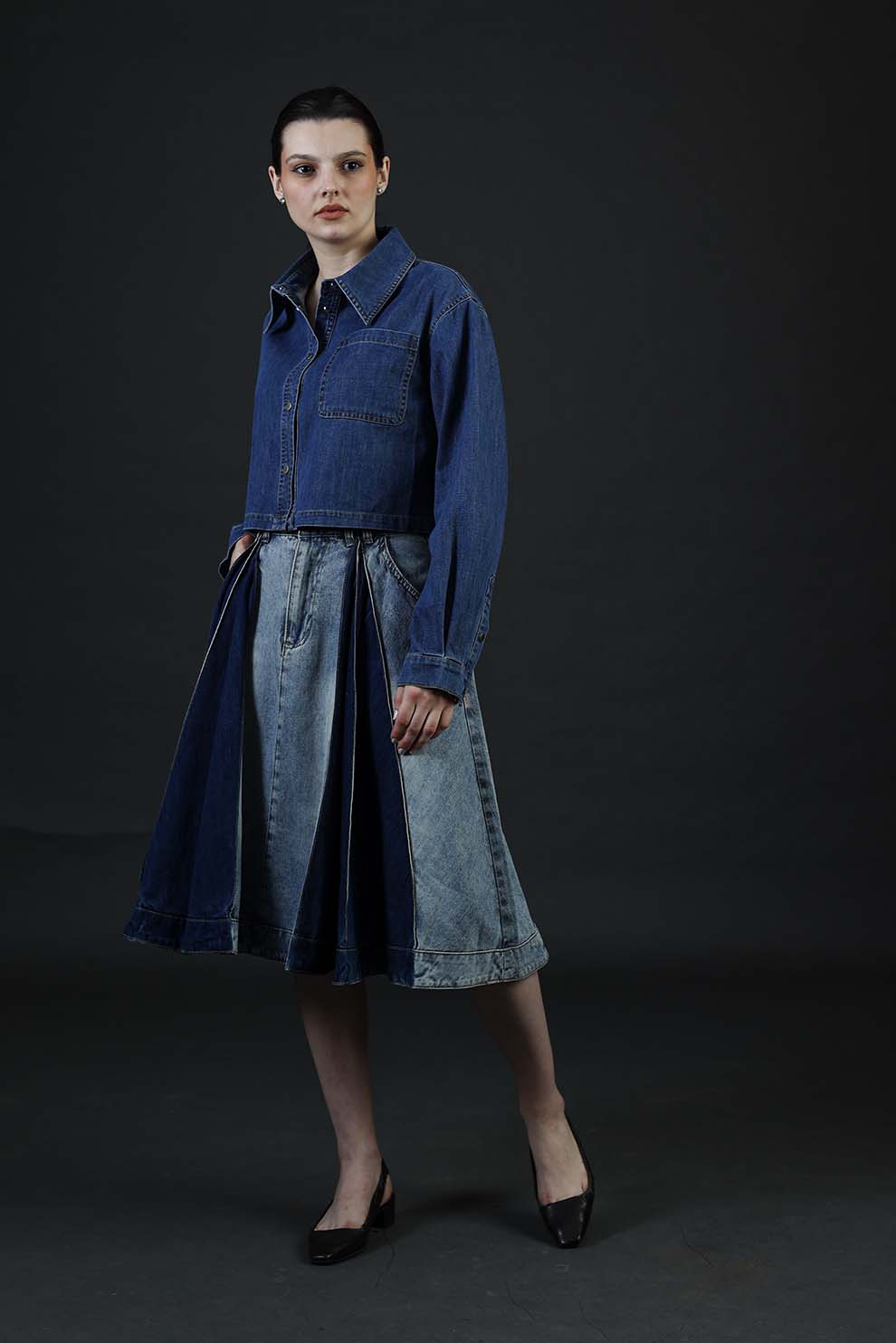 Blue Denim Box Pleated Skirt