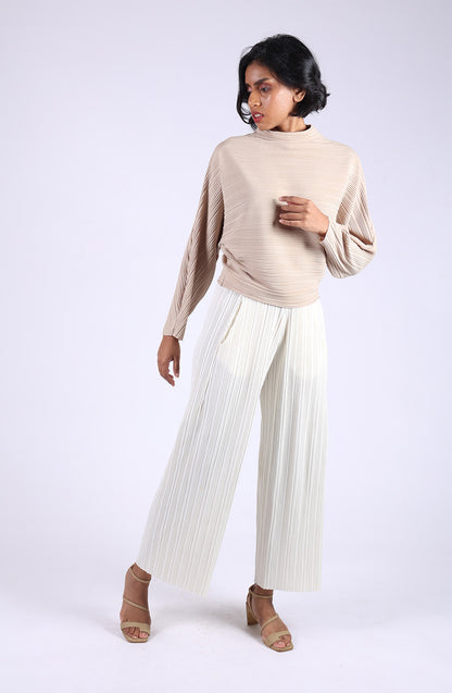 Beige Pleated Top with white Pleated Pants