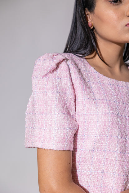 Pink Tweed Half Sleeves Dress