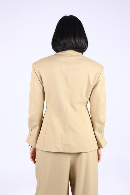 Muted Gold Beige Cotton V-Neck Suit with Matching Pants
