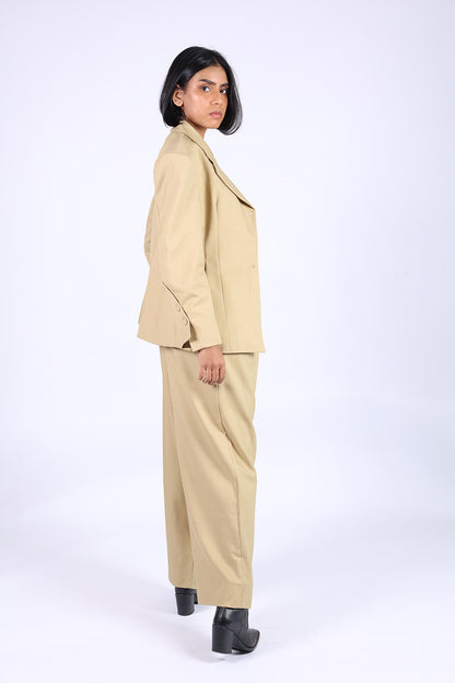 Muted Gold Beige Cotton V-Neck Suit with Matching Pants