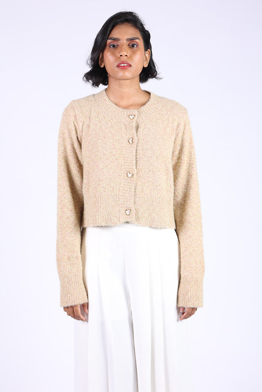 Beige Cotton Woolen Heart Button Sweater