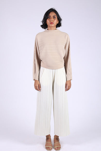 Beige Pleated Top with white Pleated Pants