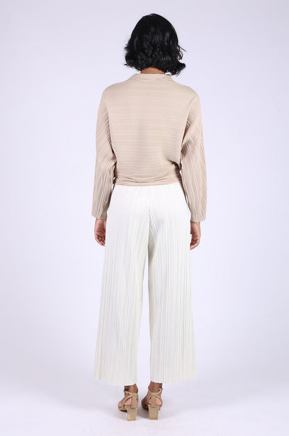 Beige Pleated Top with white Pleated Pants