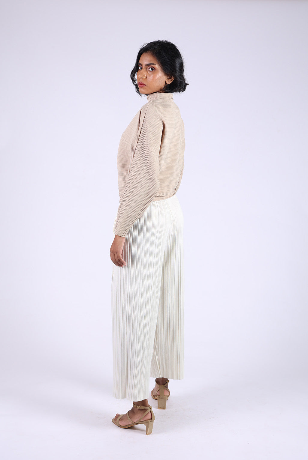 Beige Pleated Top with white Pleated Pants