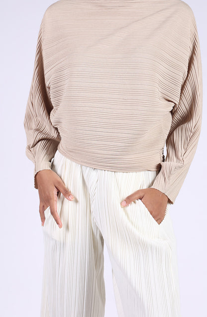 Beige Pleated Top with white Pleated Pants