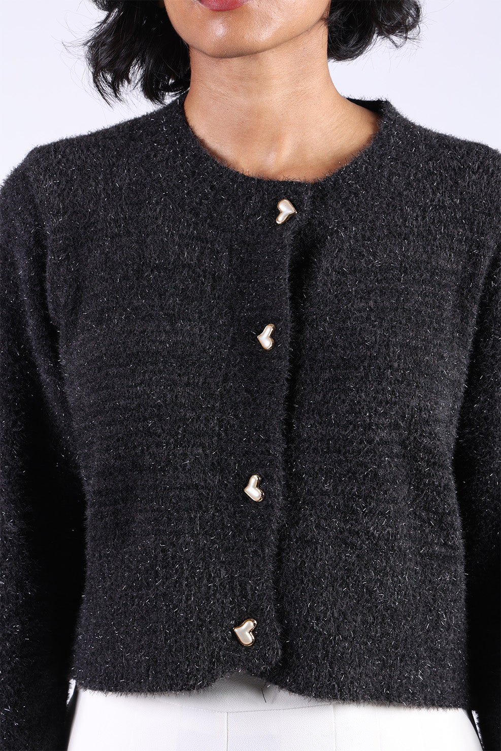 Black Cotton Wool Heart Button Sweater