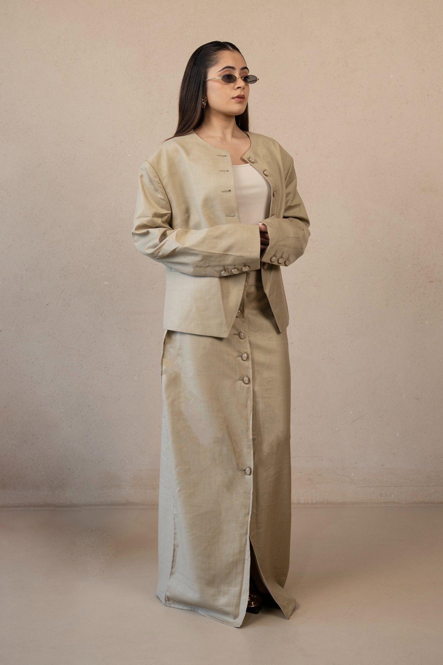 SANS Asymmetric Buttoned Jacket & Skirt Set -Desert Sage