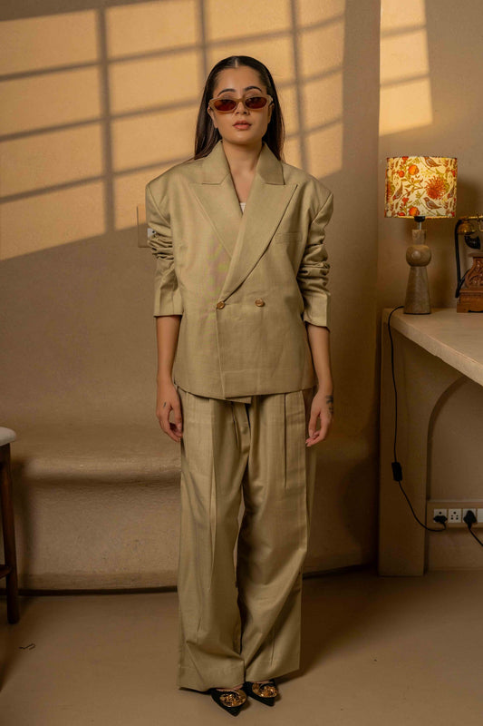 Sans Double-Breasted Muted Gold Beige Power Suit – Blazer & Trousers Set