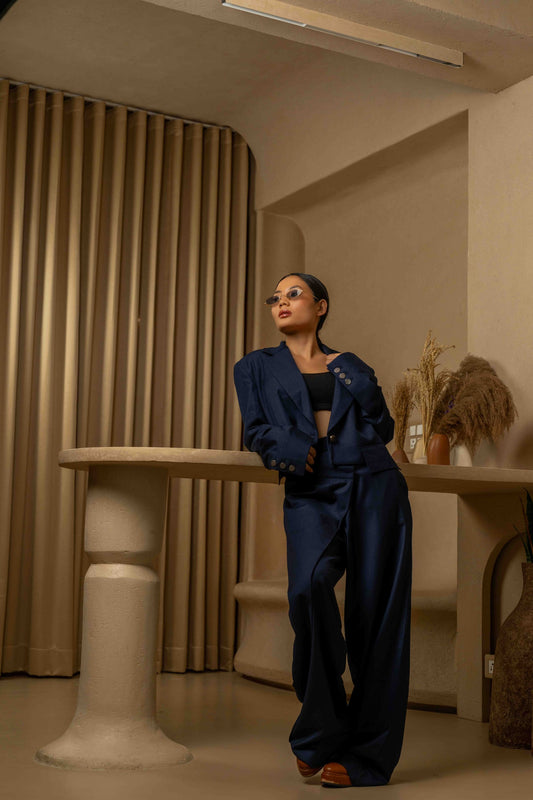 SANS Cropped Blazer & Overlap Trouser Set -Midnight Navy