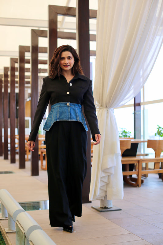 Trending Denim Crop Top with Collar and Matching Pants
