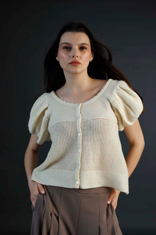 Off-White Cotton Woolen Cord Pattern Top