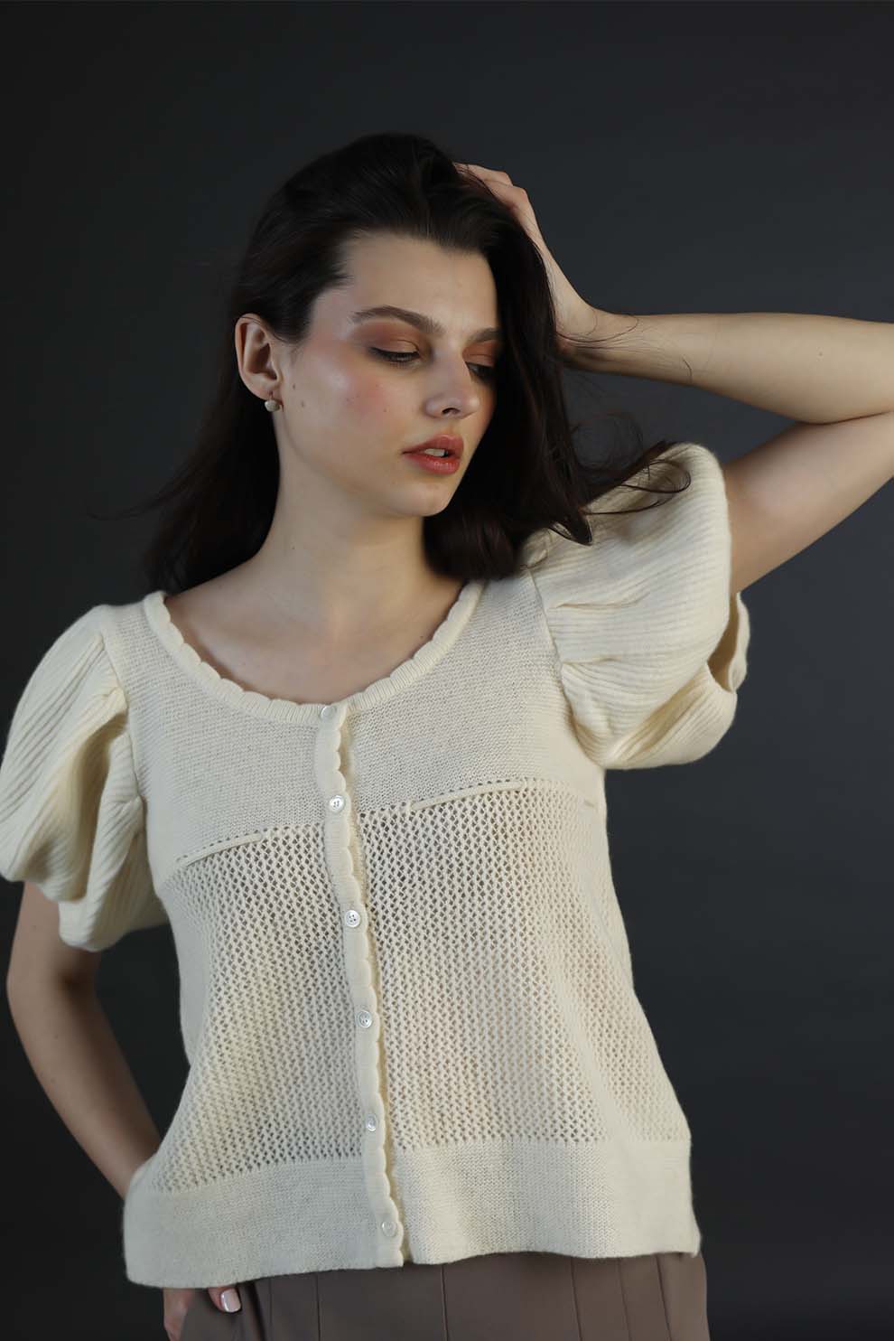 Off-White Cotton Woolen Cord Pattern Top
