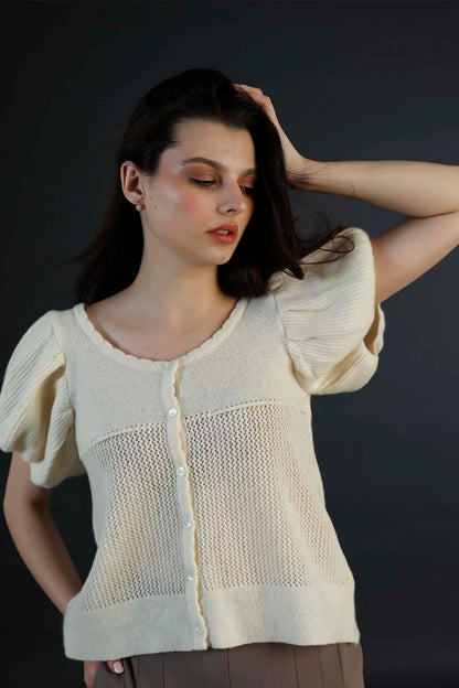 Off-White Cotton Woolen Cord Pattern Top