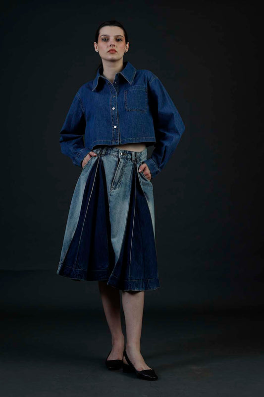 Blue Denim Box Pleated Skirt