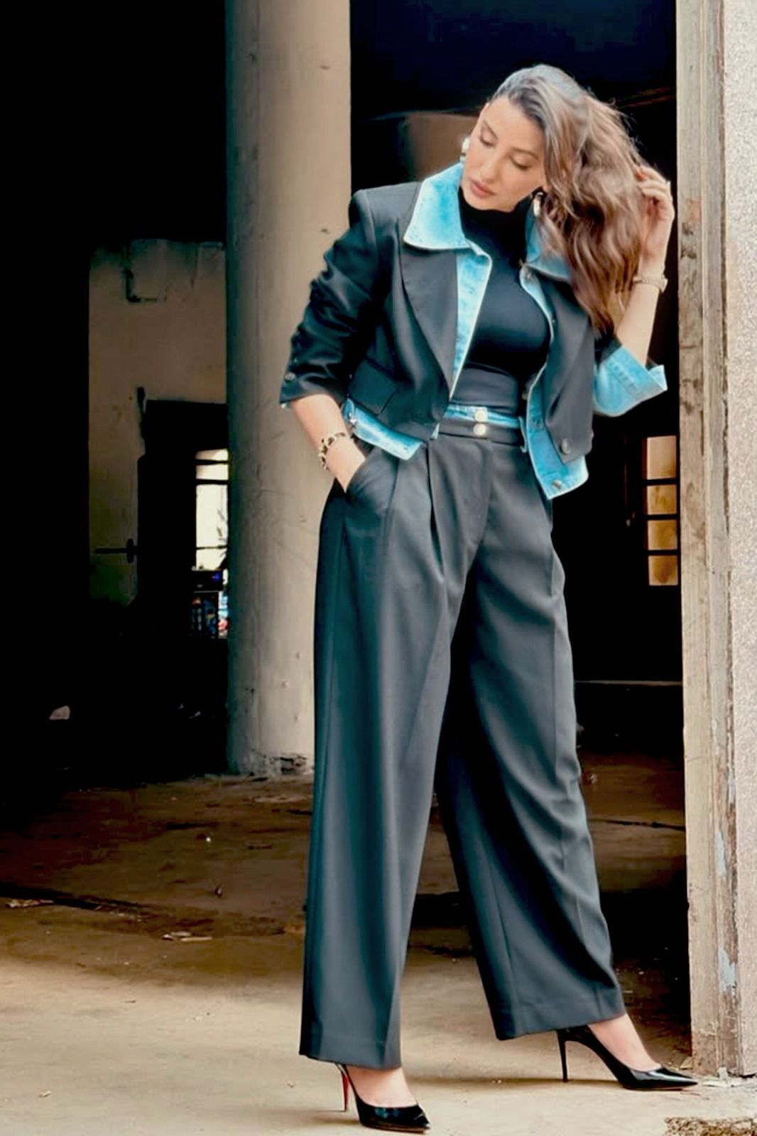 Black Denim Pleated Trousers