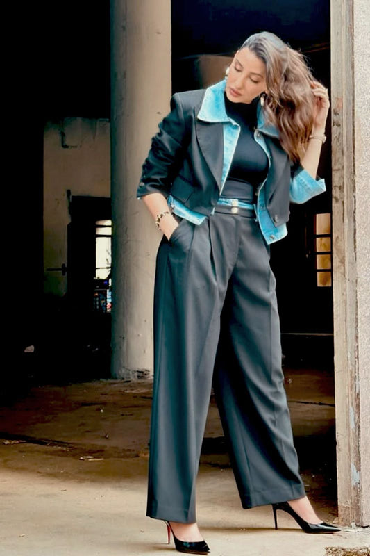 Black Denim Pleated Trousers