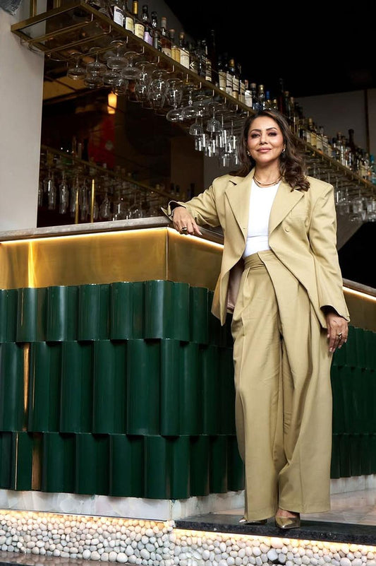 Muted Gold Beige Cotton V-Neck Suit with Matching Pants