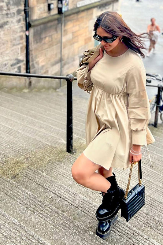 Beige Cotton Short Dress